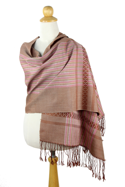 Handcrafted Pink Brown Cotton Patterned Shawl from NOVICA