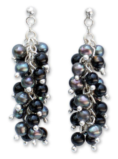 Hand Made Onyx and Pearl Cluster Earrings