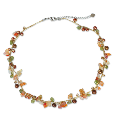 Artisan Crafted Carnelian and Pearl Beaded Strand Necklace