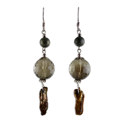 Pearl and smoky quartz dangle earrings