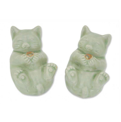 Celadon Ceramic Cat Statuettes (Pair)