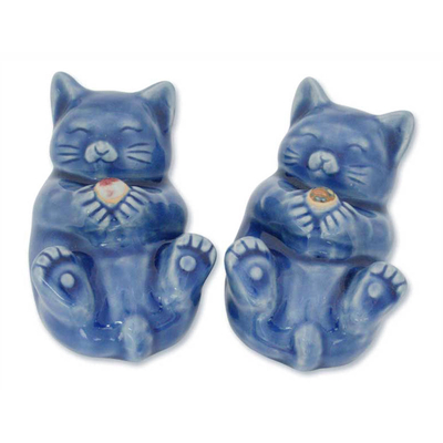 Hand Made Celadon Ceramic Cat Figurines (Pair)