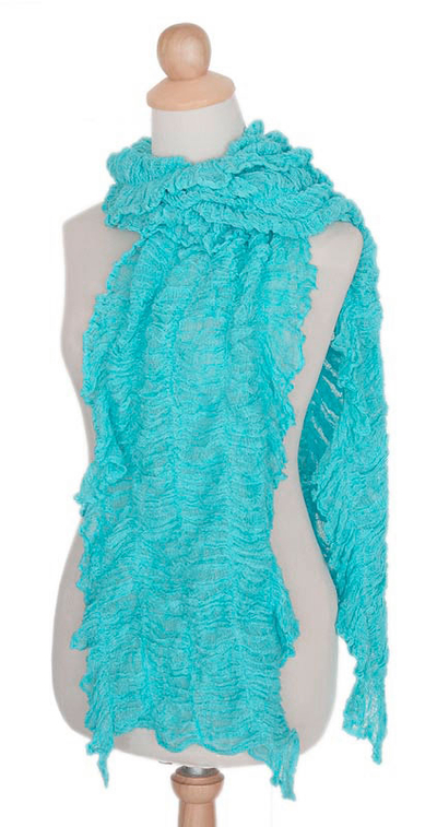 Artisan Crafted Turquoise Blue Frilly Cotton Crocheted Knit Scarf