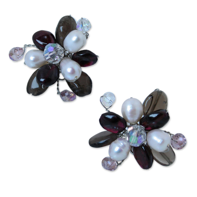 Pearl and garnet flower earrings
