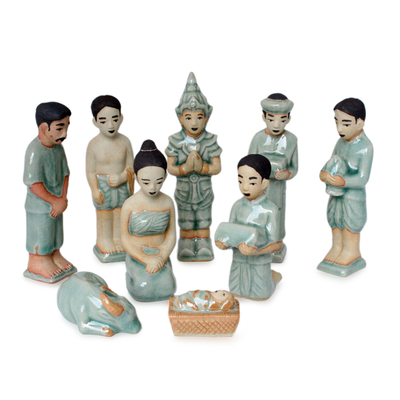 Celadon Ceramic Nativity Scene (Set of 9)