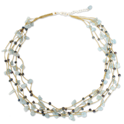 Hand Made Thai Beaded Pearl and Aquamarine Necklace