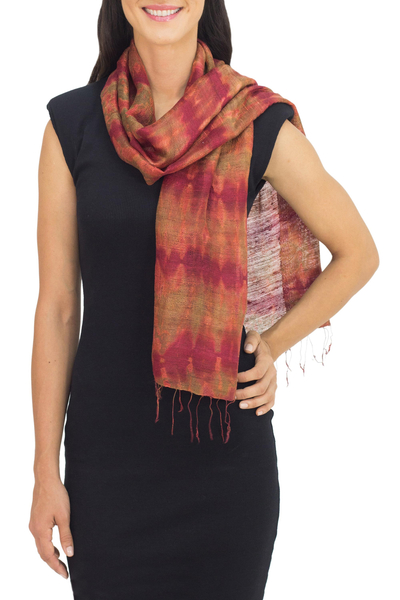 Fair Trade Red Brown 100% Silk Patterned Scarf from NOVICA