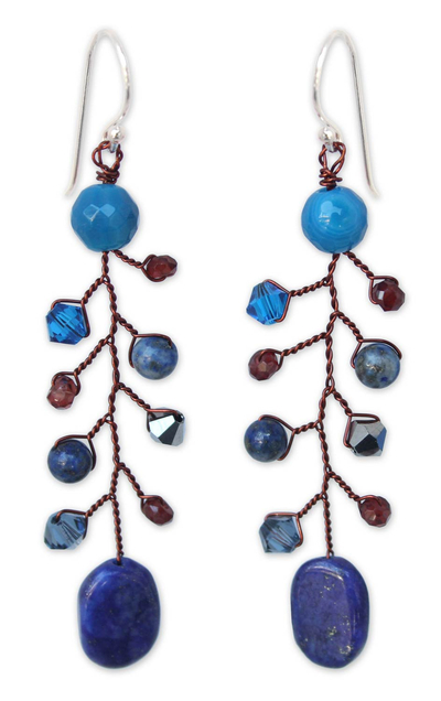Unique Beaded Lapis Lazuli and Agate Earrings