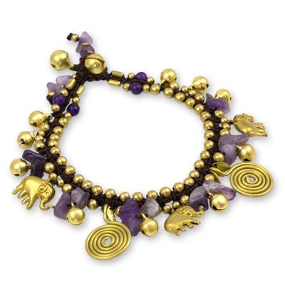 Hand Crafted Brass and Amethyst Elephant Charm Bracelet