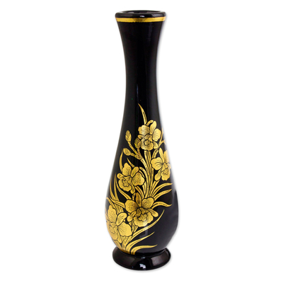 Hand Crafted Thai Lacquered Vase Gold Leaf Orchid