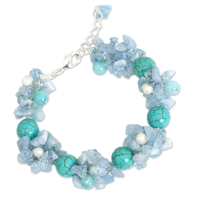 Handmade Pearl Aquamarine Blue Calcite Bracelet Thailand