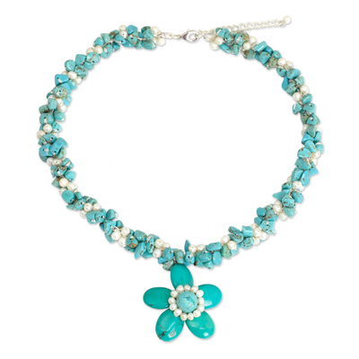 Pearls and Blue Calcite Necklace Thai Floral Jewelry