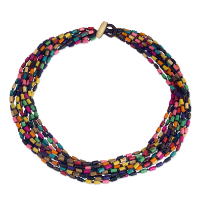 Wood Beaded Necklace in Rainbow Colors