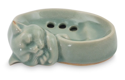 Celadon Ceramic Soap Dish Crafted by Hand in Thailand