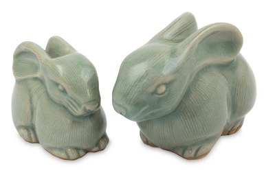 2 Celadon Ceramic Rabbit Figurines in Light Blue