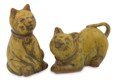 Handcrafted Ceramic Cat Statuettes from Thailand (pair)