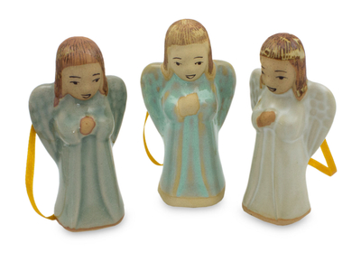 3 Handmade Angel Ornaments in Celadon Ceramic