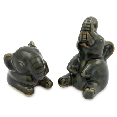 Handcrafted Dark Green Celadon Ceramic Elephants (Pair)