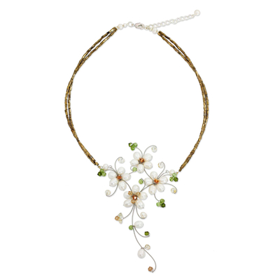 Handmade White Pearl and Peridot Floral Necklace