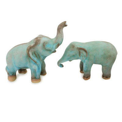 Artisan Crafted Ceramic Figurines Blue Elephants (pair)