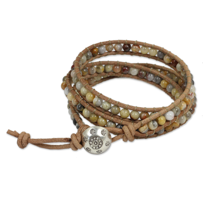 Jasper and Leather Wrap Bracelet Thai Artisan Jewelry