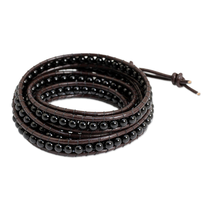 Hand Knotted Onyx and Leather Wrap Bracelet from Thailand