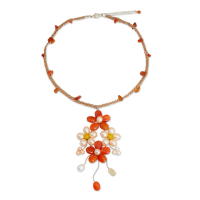 Pearl and Carnelian Handcrafted Flower Necklace