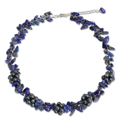 Thai Handmade Lapis Lazuli Necklace with Pearl Clusters