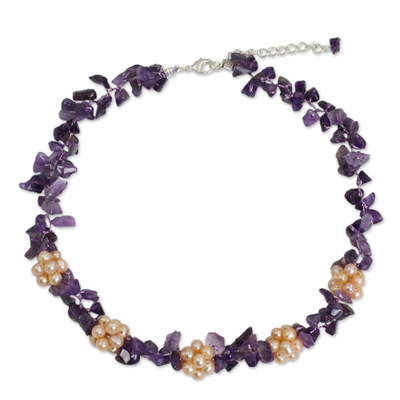 Thai Handmade Amethyst Necklace with Pearl Clusters