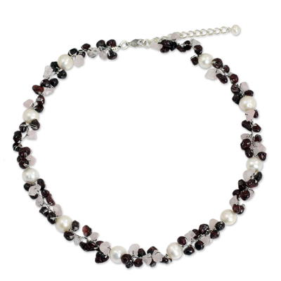 Hand Knotted Pearl Garnet and Rose Quartz Choker Necklace