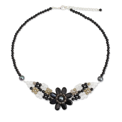 Beaded Onyx and Quartz Flower Necklace
