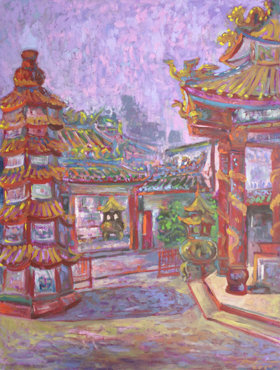 Chinese Thai Temple Signed Fine Art