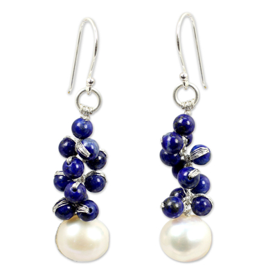 Handmade Cultured Pearl and Lapis Lazuli Cluster Earrings
