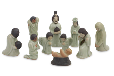Unique 10-piece Celadon Ceramic Nativity Scene