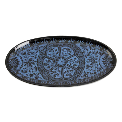 Blue on Black Lacquered Catchall Tray