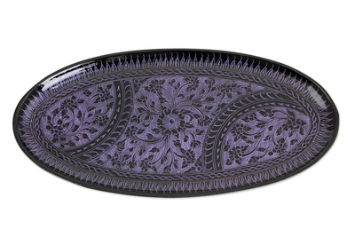 Purple on Black Lacquered Wood Catchall Tray