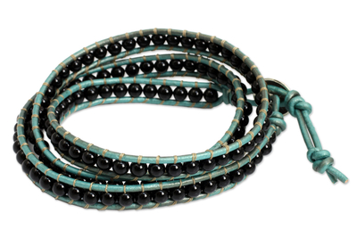 Onyx and Leather Wrap Bracelet Thai Artisan Jewelry