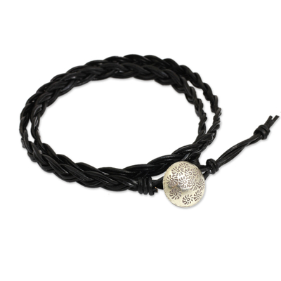 Unique Braided Black Leather Wrap Bracelet with Fine Silver Flower Button