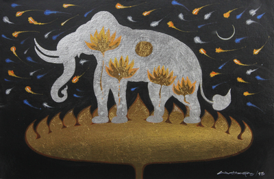 Silver Elephant on Golden Lotus Thai Signed Painting