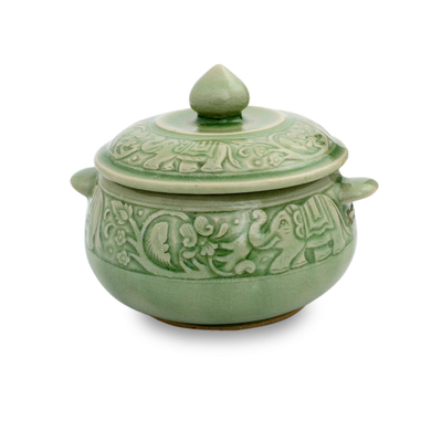 Crackled Green Thai Celadon Covered Bowl with Elephants