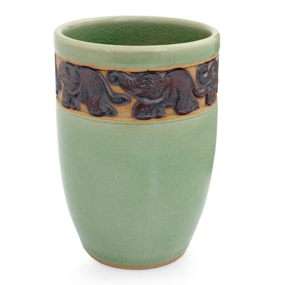 Celadon Ceramic Elephant Handleless Teacup from Thailand