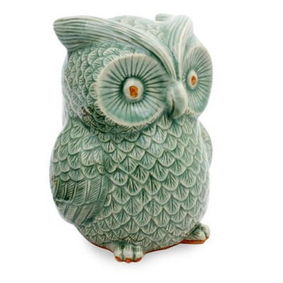 Handcrafted Glazed Celadon Ceramic Owl Statuette