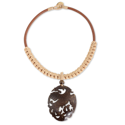 Hand Carved Coconut Shell Pendant on Leather Necklace