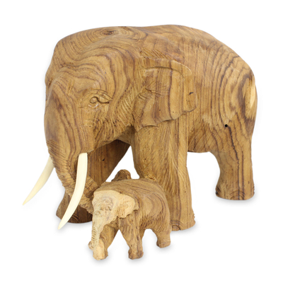Original Carved Teak Wood Mother and Baby Elephant Sculpture