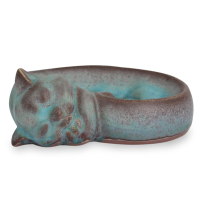 Handmade Turquoise Ceramic Cat Soap Dish from Thailand