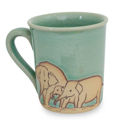 Blue and Brown Elephant Theme Celadon Ceramic Mug