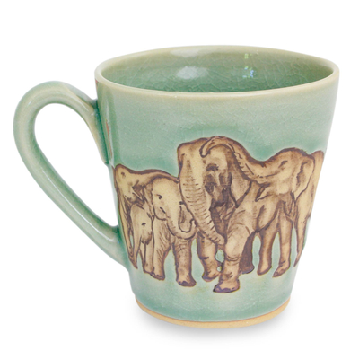 Aqua Celadon Ceramic Mug with Hand Painted Elephants