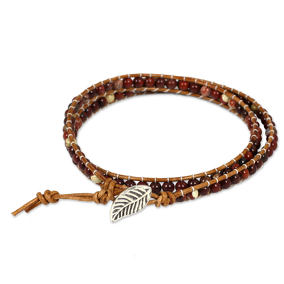 Beaded Wrap Bracelet with Red Jasper and Leather Cords
