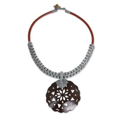 Coconut Shell Leather and Gray Macrame Pendant Necklace