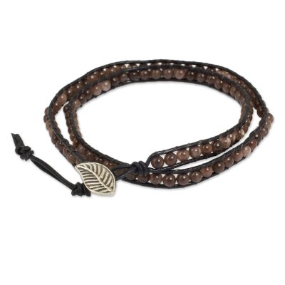 Hand Crafted Black Leather Bracelet with Brown Quartz Beads